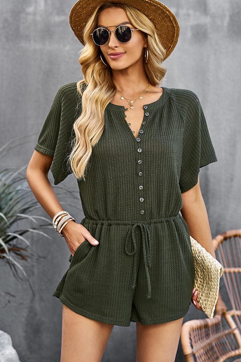 BUTTON UP TIED WAIST ROMPER - Doublju