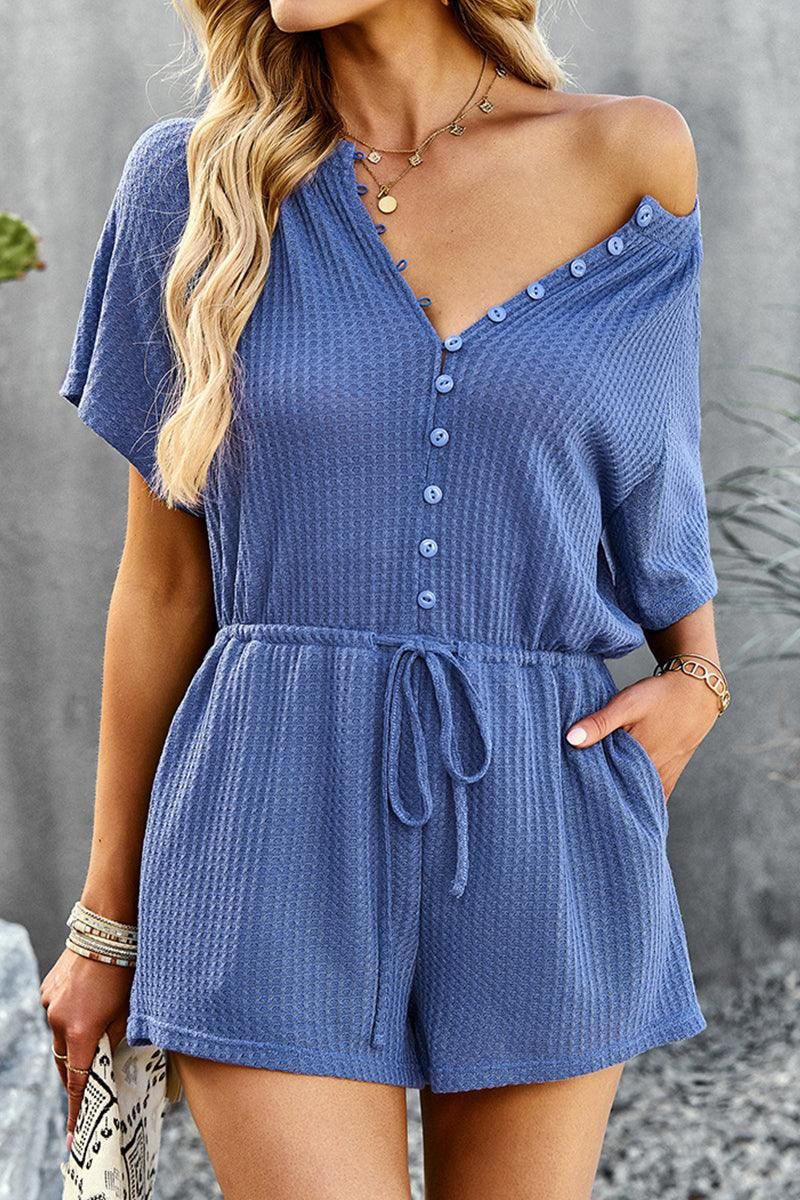 BUTTON UP TIED WAIST ROMPER - Doublju