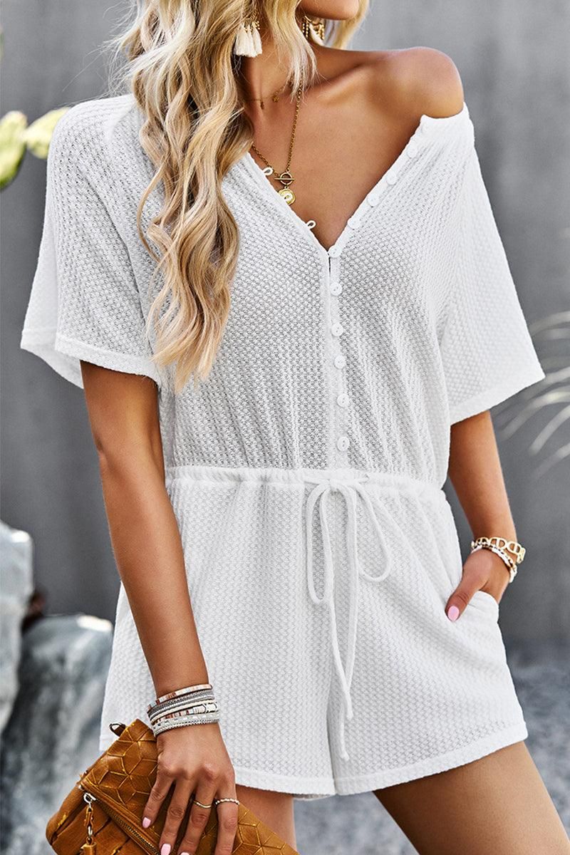 BUTTON UP TIED WAIST ROMPER - Doublju