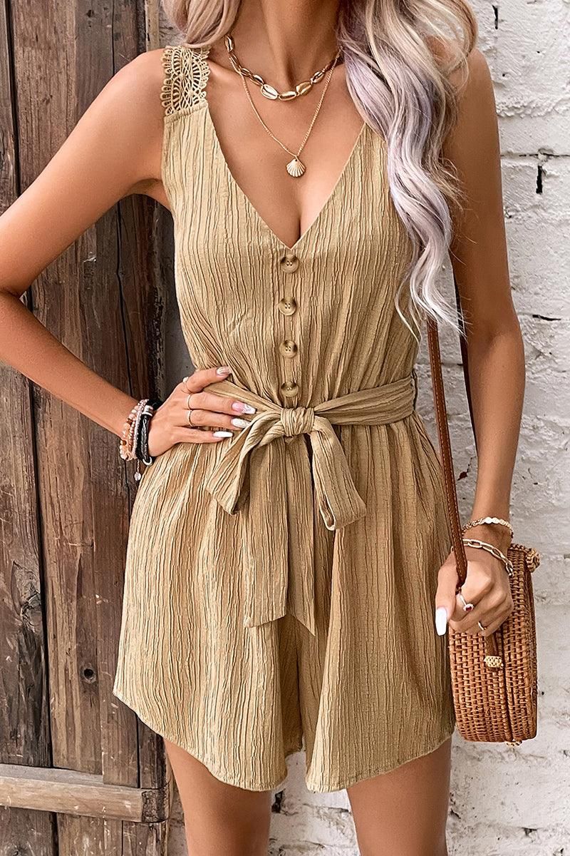 LACE STRAP TIED WAIST BUTTON POINT ROMPER - Doublju