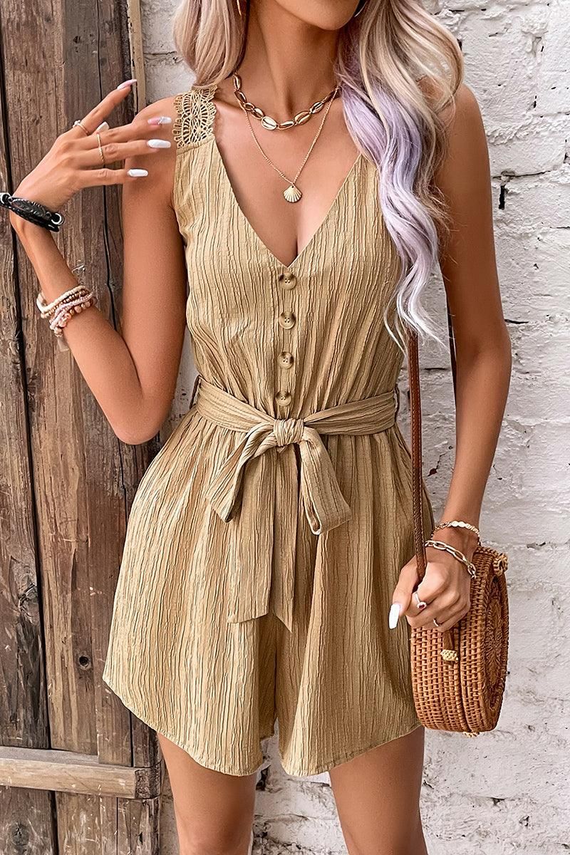 LACE STRAP TIED WAIST BUTTON POINT ROMPER - Doublju