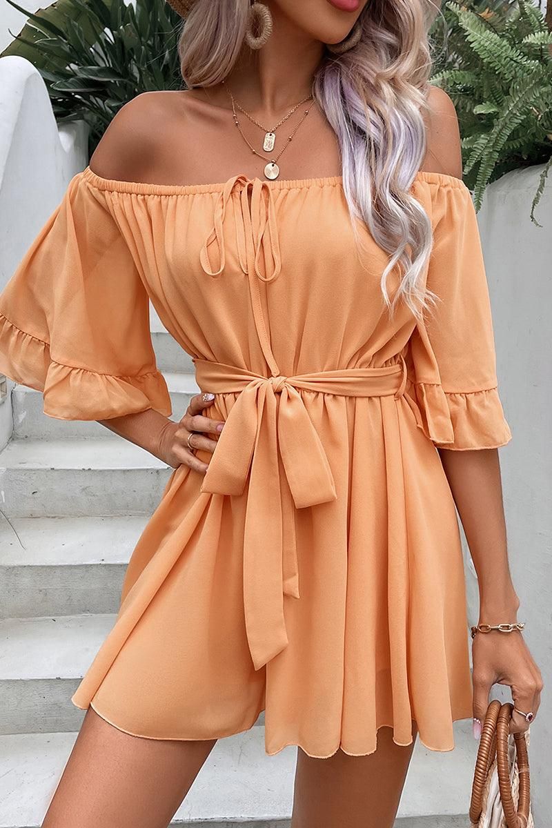 RUFFLED OFF SHOULDER TIED WAIST LOOSE ROMPER - Doublju