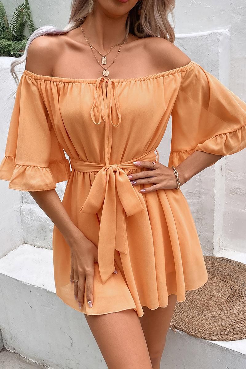 RUFFLED OFF SHOULDER TIED WAIST LOOSE ROMPER - Doublju