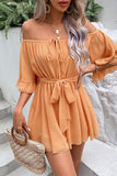 RUFFLED OFF SHOULDER TIED WAIST LOOSE ROMPER - Doublju