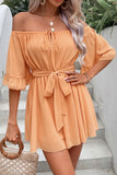 RUFFLED OFF SHOULDER TIED WAIST LOOSE ROMPER - Doublju