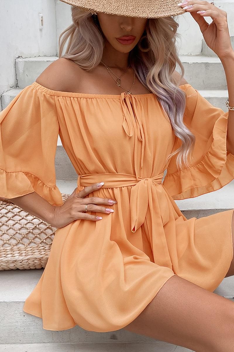 RUFFLED OFF SHOULDER TIED WAIST LOOSE ROMPER - Doublju