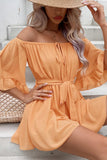 RUFFLED OFF SHOULDER TIED WAIST LOOSE ROMPER - Doublju