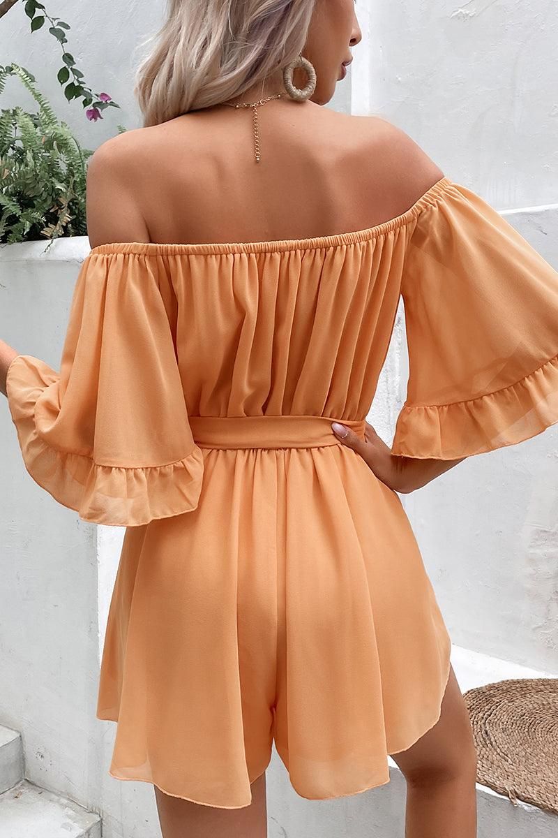 RUFFLED OFF SHOULDER TIED WAIST LOOSE ROMPER - Doublju