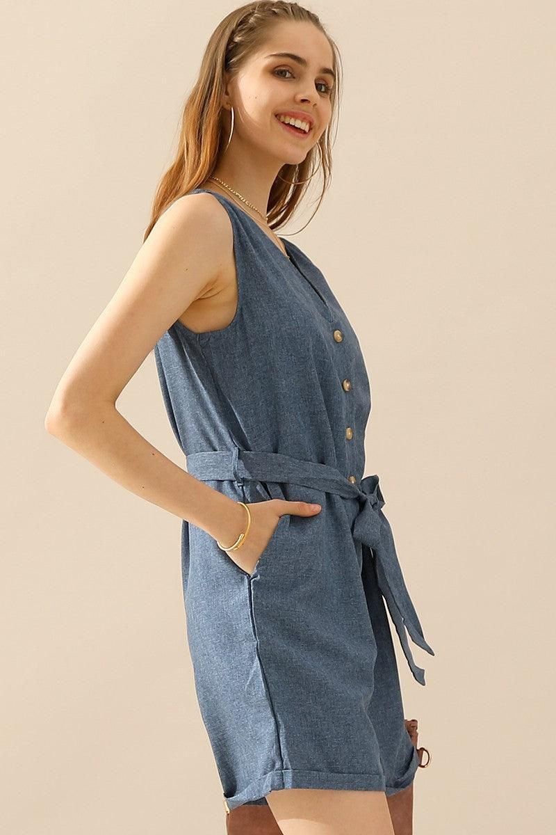 SLEEVELESS BUTTON TIED WAIST ROLL UP ROMPER - Doublju