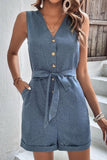 SLEEVELESS BUTTON TIED WAIST ROLL UP ROMPER - Doublju