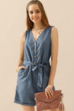 SLEEVELESS BUTTON TIED WAIST ROLL UP ROMPER - Doublju