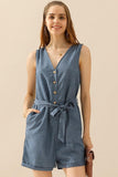 SLEEVELESS BUTTON TIED WAIST ROLL UP ROMPER - Doublju