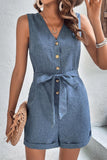 SLEEVELESS BUTTON TIED WAIST ROLL UP ROMPER - Doublju