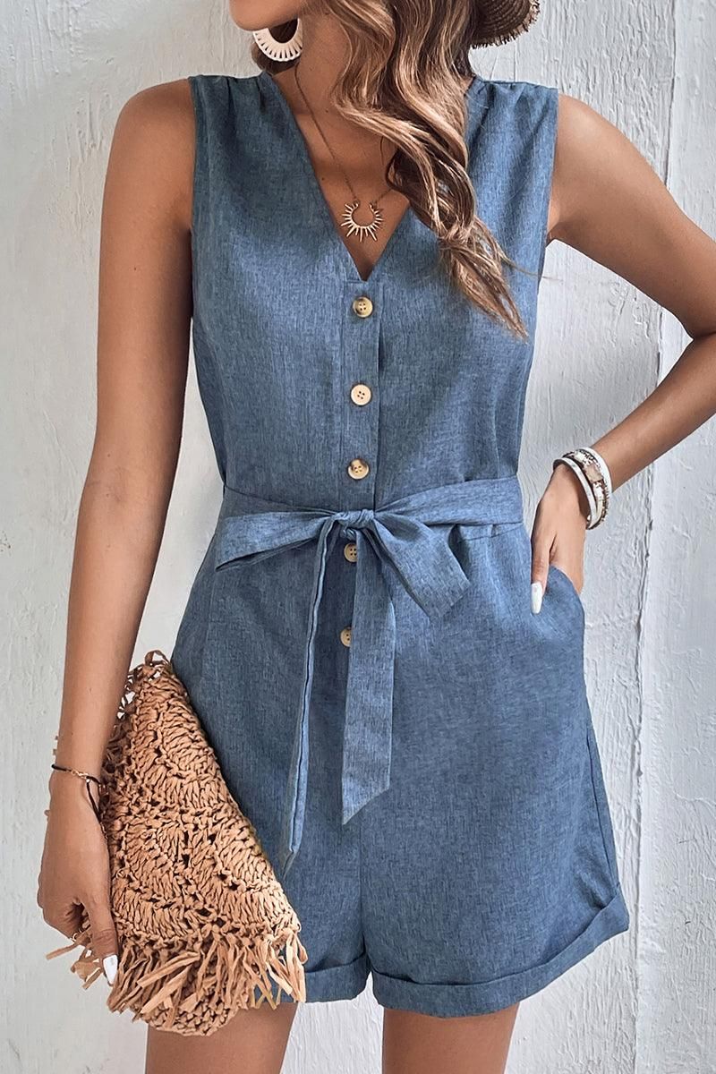 SLEEVELESS BUTTON TIED WAIST ROLL UP ROMPER - Doublju