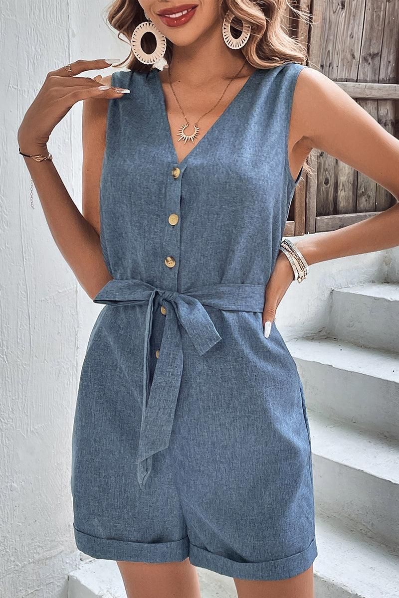 SLEEVELESS BUTTON TIED WAIST ROLL UP ROMPER - Doublju