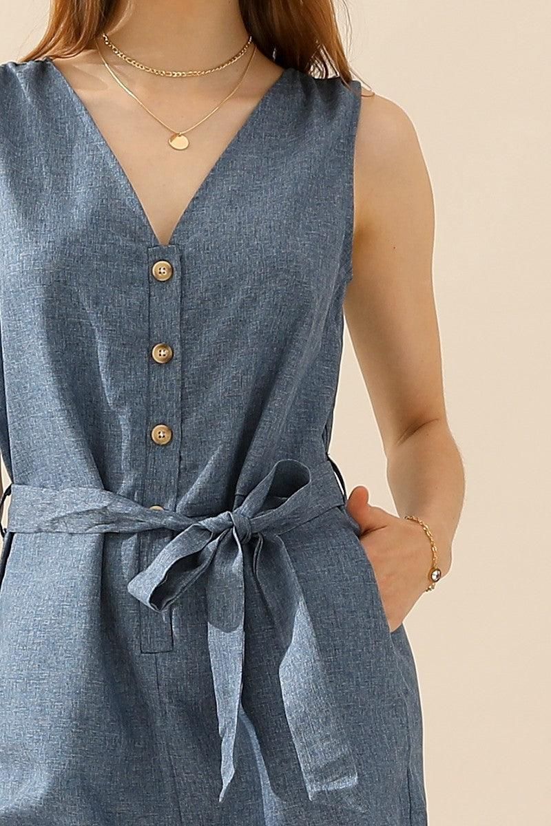 SLEEVELESS BUTTON TIED WAIST ROLL UP ROMPER - Doublju