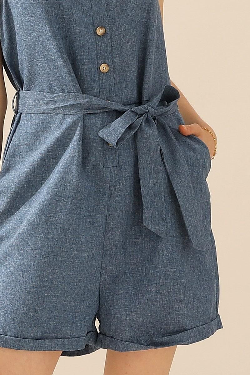 SLEEVELESS BUTTON TIED WAIST ROLL UP ROMPER - Doublju