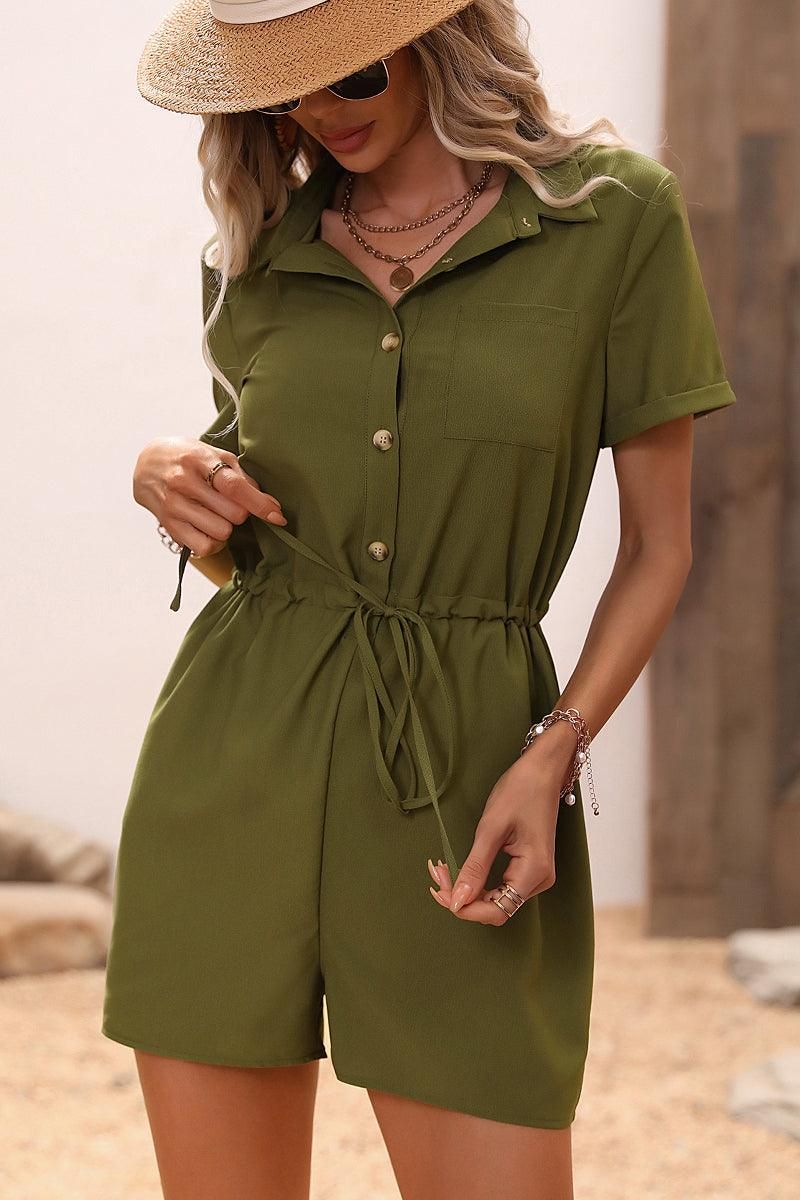 DRAW STRING BUTTON UP COLLAR ROMPER - Doublju