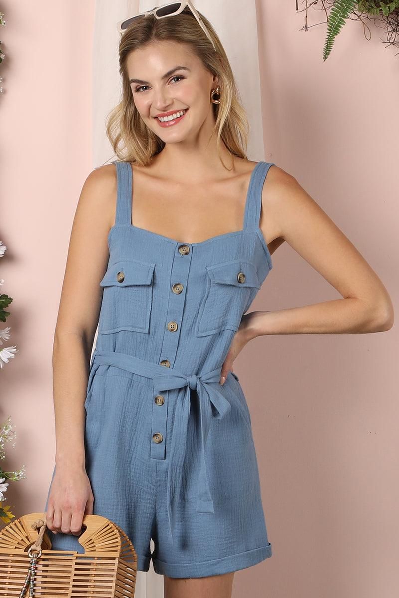 BUTTON DOWN POCKET DETAILED ROMPER WITH STRAP - Doublju