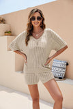 HOLLOW CHUNKY KNIT LOOSE FIT TOP AND SHORTS SET - Doublju