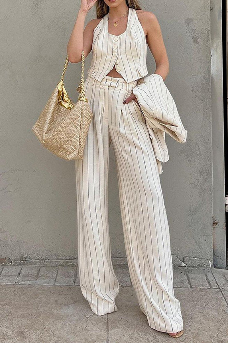 WOMEN WIDE LEG OVERSIZE PANTS TANK AND BLAZER SET