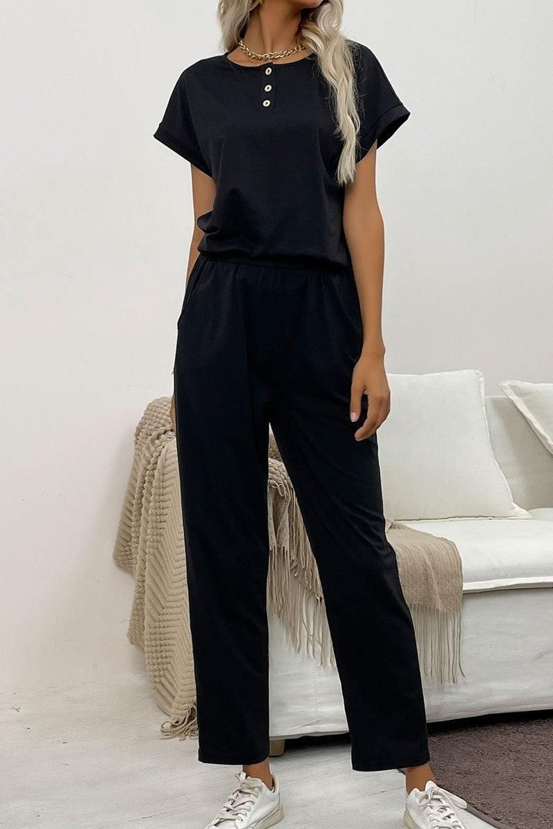 SHORT SLEEVE BUTTONED NECK TOP AND LONG PANTS SET - Doublju