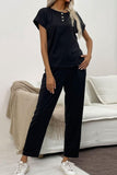 SHORT SLEEVE BUTTONED NECK TOP AND LONG PANTS SET - Doublju