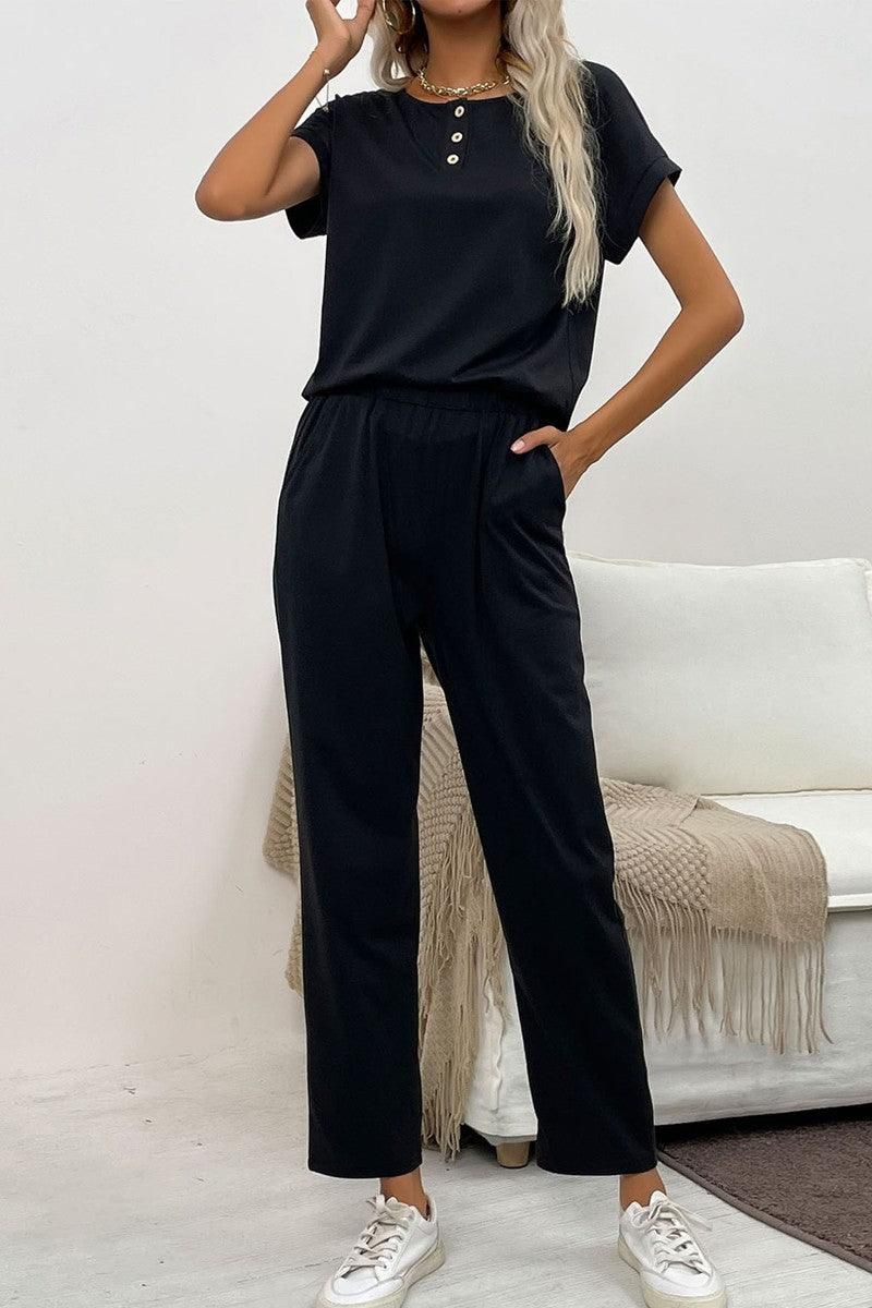 SHORT SLEEVE BUTTONED NECK TOP AND LONG PANTS SET - Doublju