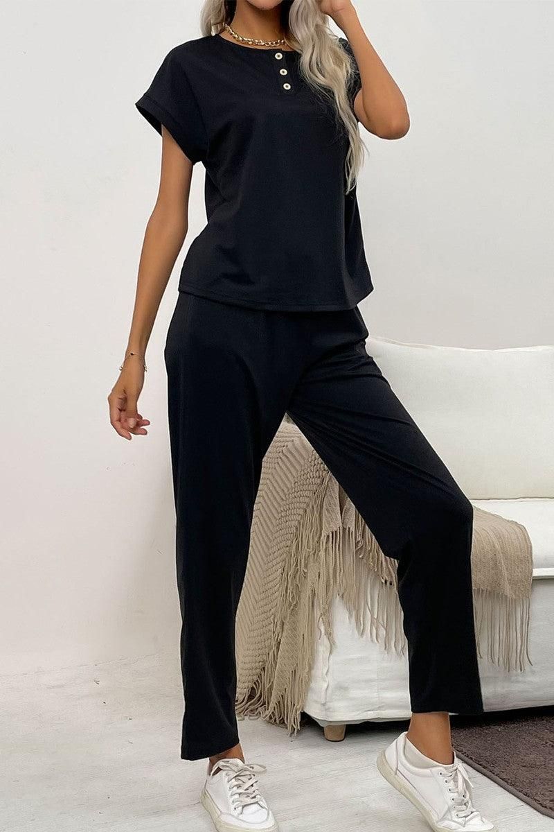 SHORT SLEEVE BUTTONED NECK TOP AND LONG PANTS SET - Doublju