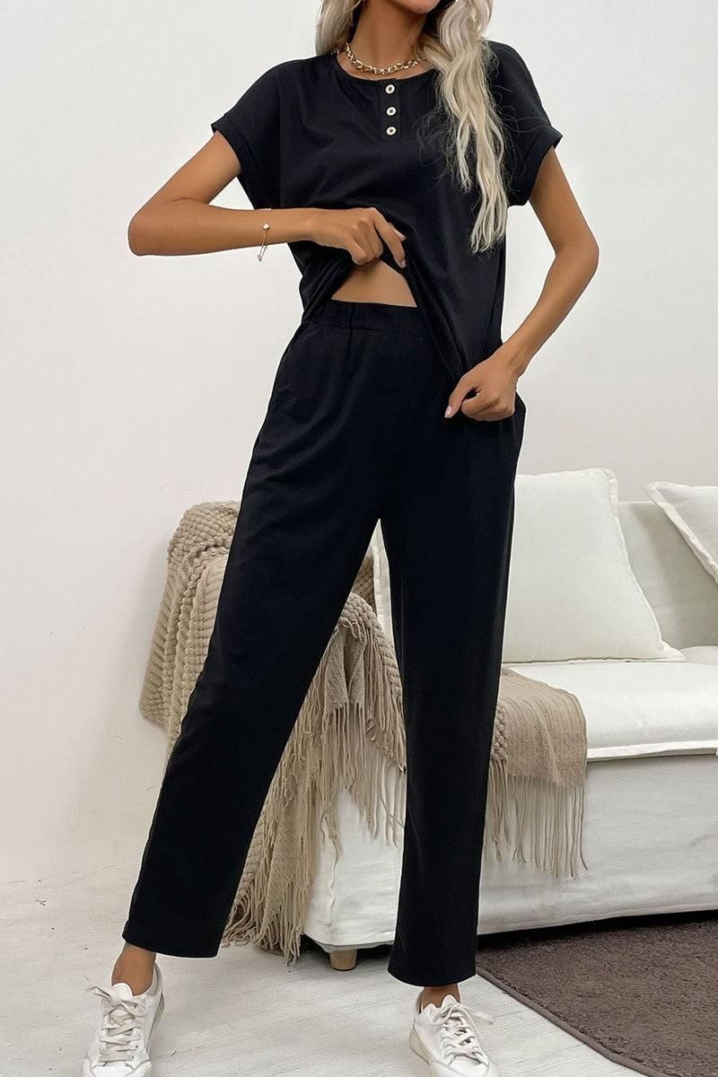 SHORT SLEEVE BUTTONED NECK TOP AND LONG PANTS SET - Doublju