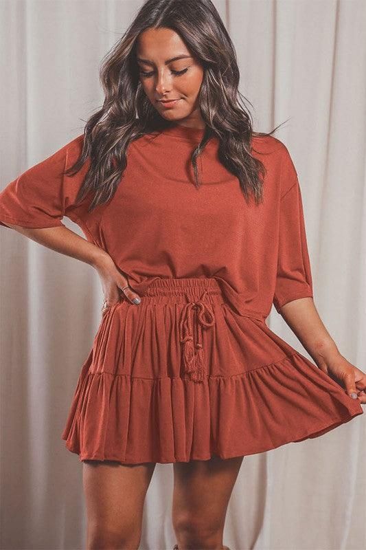 MID SLEEVE LOOSE SLEEVE SHORT SKIRT SUIT - Doublju