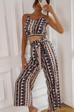 BOHEMIAN SUSPENDER CROP TOP AND WIDE PANTS SET - Doublju