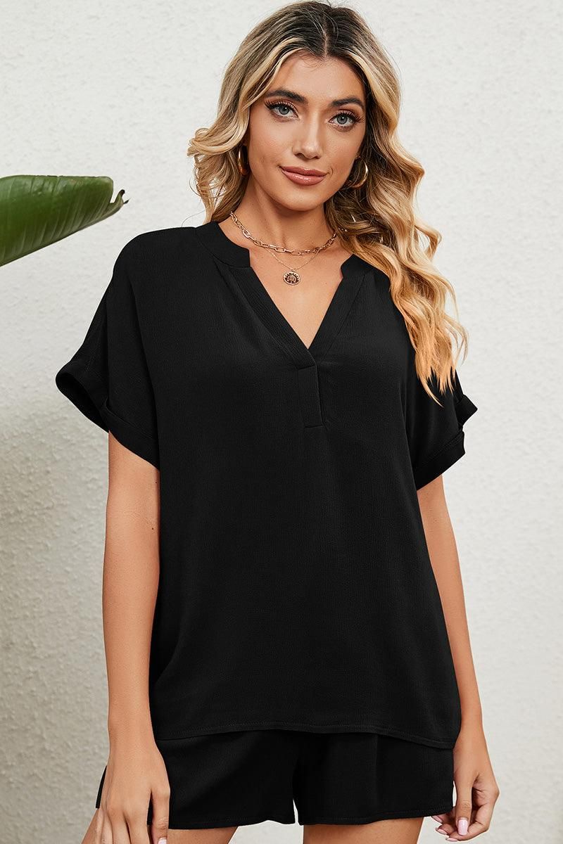 SOLID COLOR V NECK LOOSE TOP AND SHORT SET - Doublju