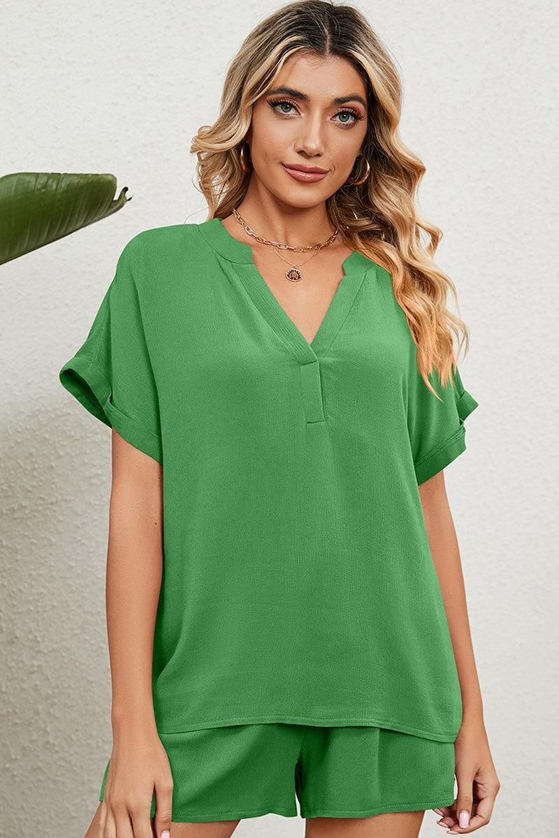 SOLID COLOR V NECK LOOSE TOP AND SHORT SET - Doublju