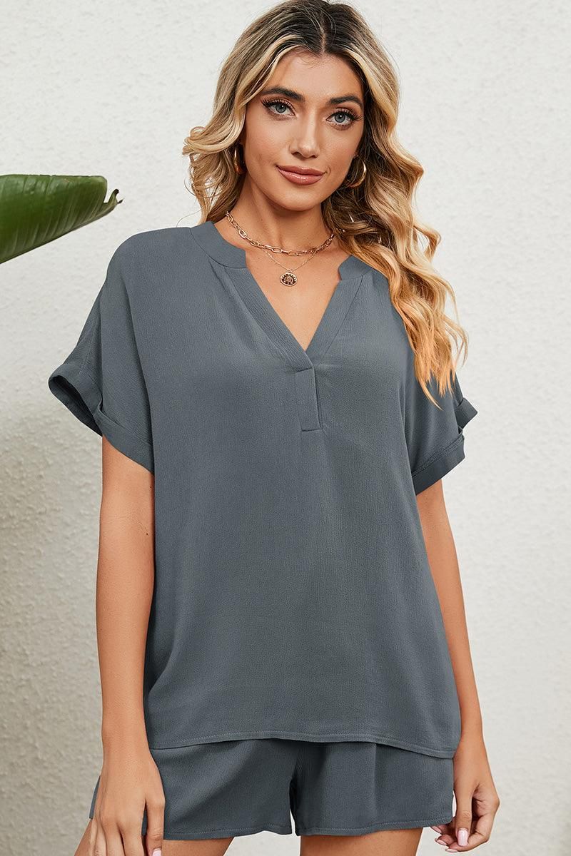 SOLID COLOR V NECK LOOSE TOP AND SHORT SET - Doublju