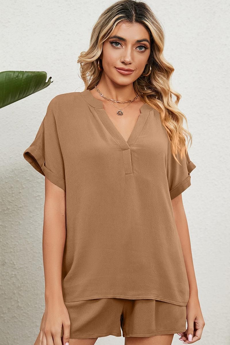 SOLID COLOR V NECK LOOSE TOP AND SHORT SET - Doublju