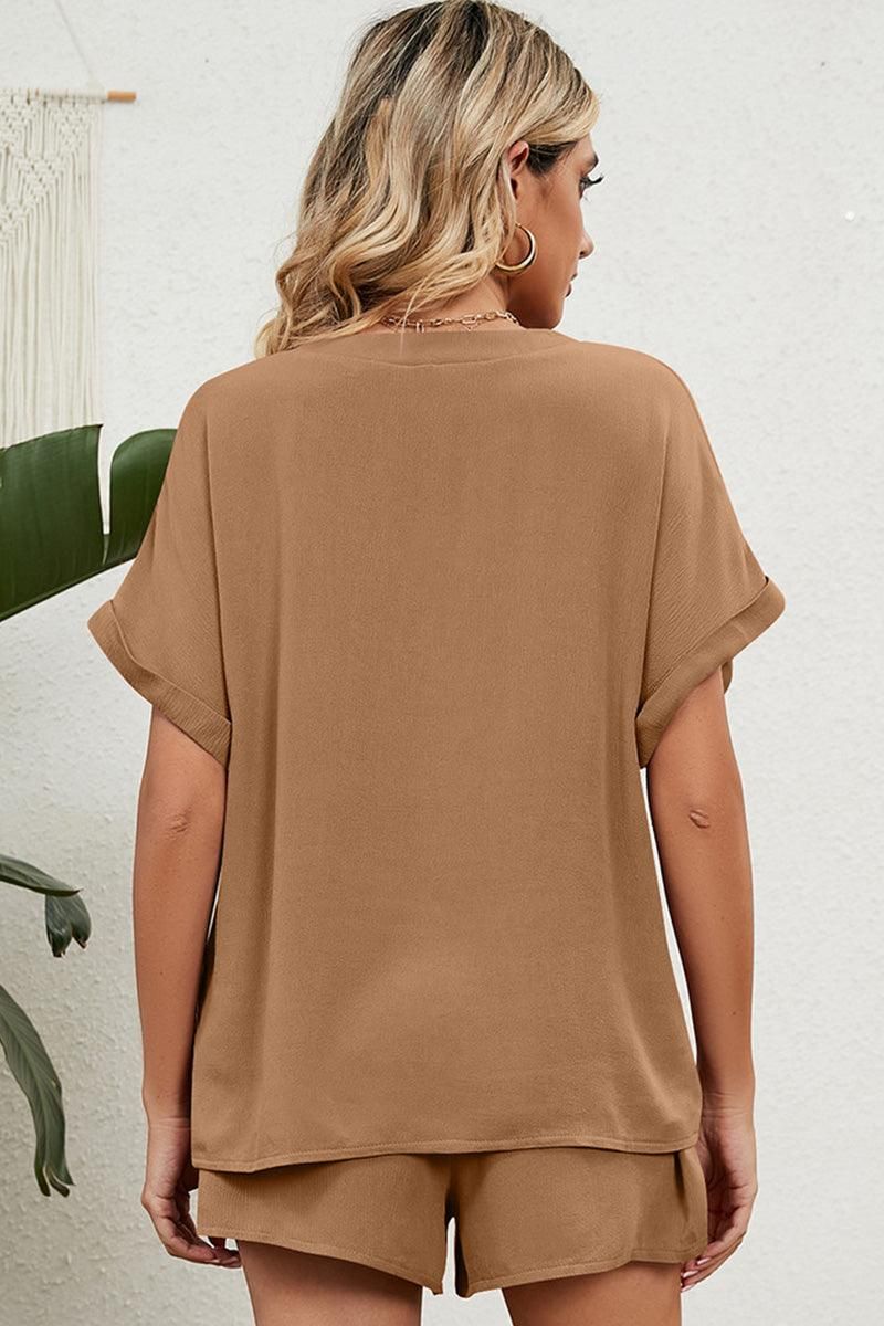 SOLID COLOR V NECK LOOSE TOP AND SHORT SET - Doublju