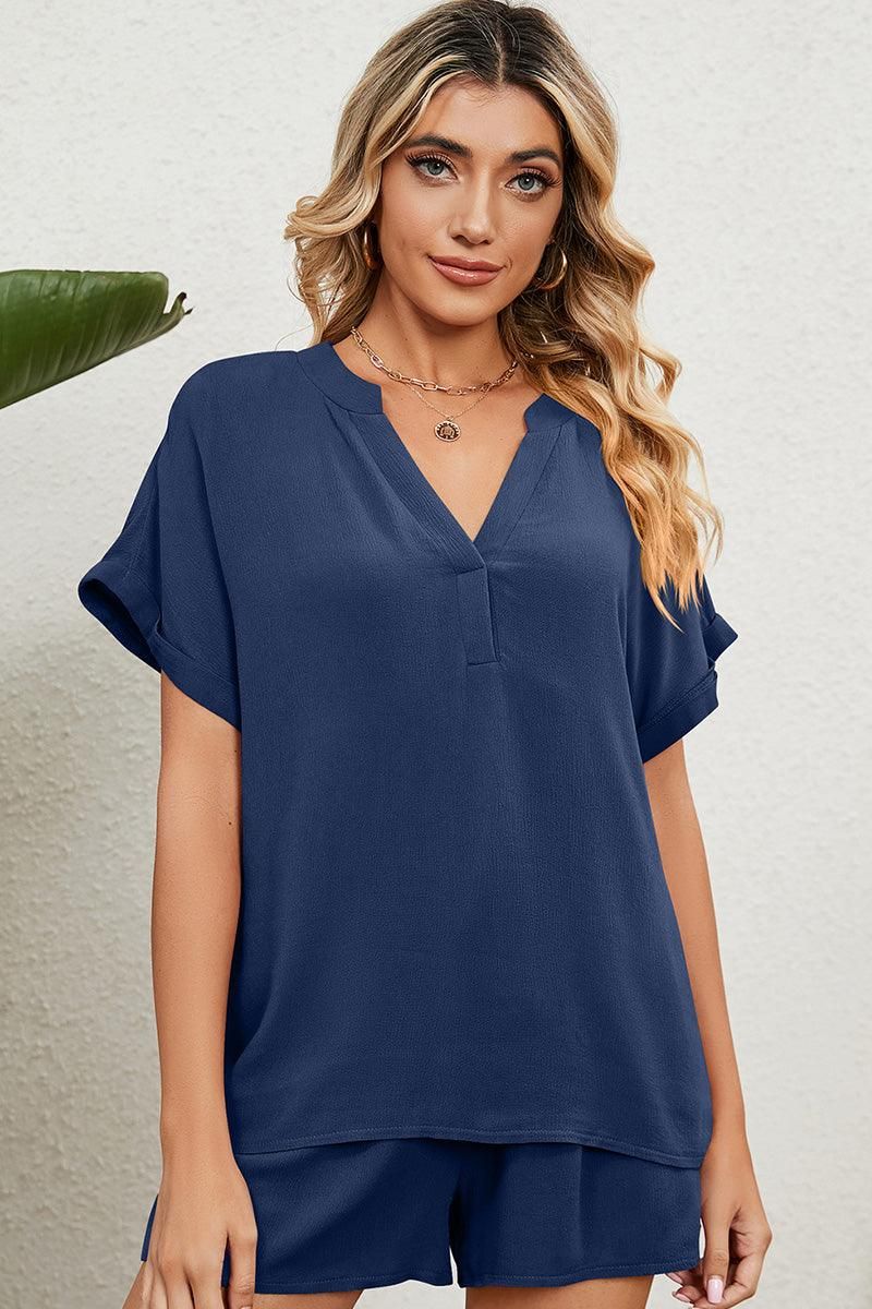 SOLID COLOR V NECK LOOSE TOP AND SHORT SET - Doublju