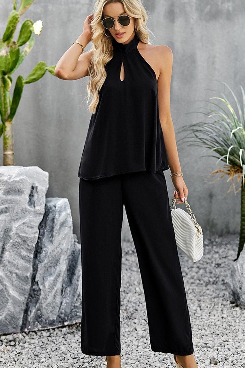 HALTER NECK TOP AND WIDE PANTS SET - Doublju