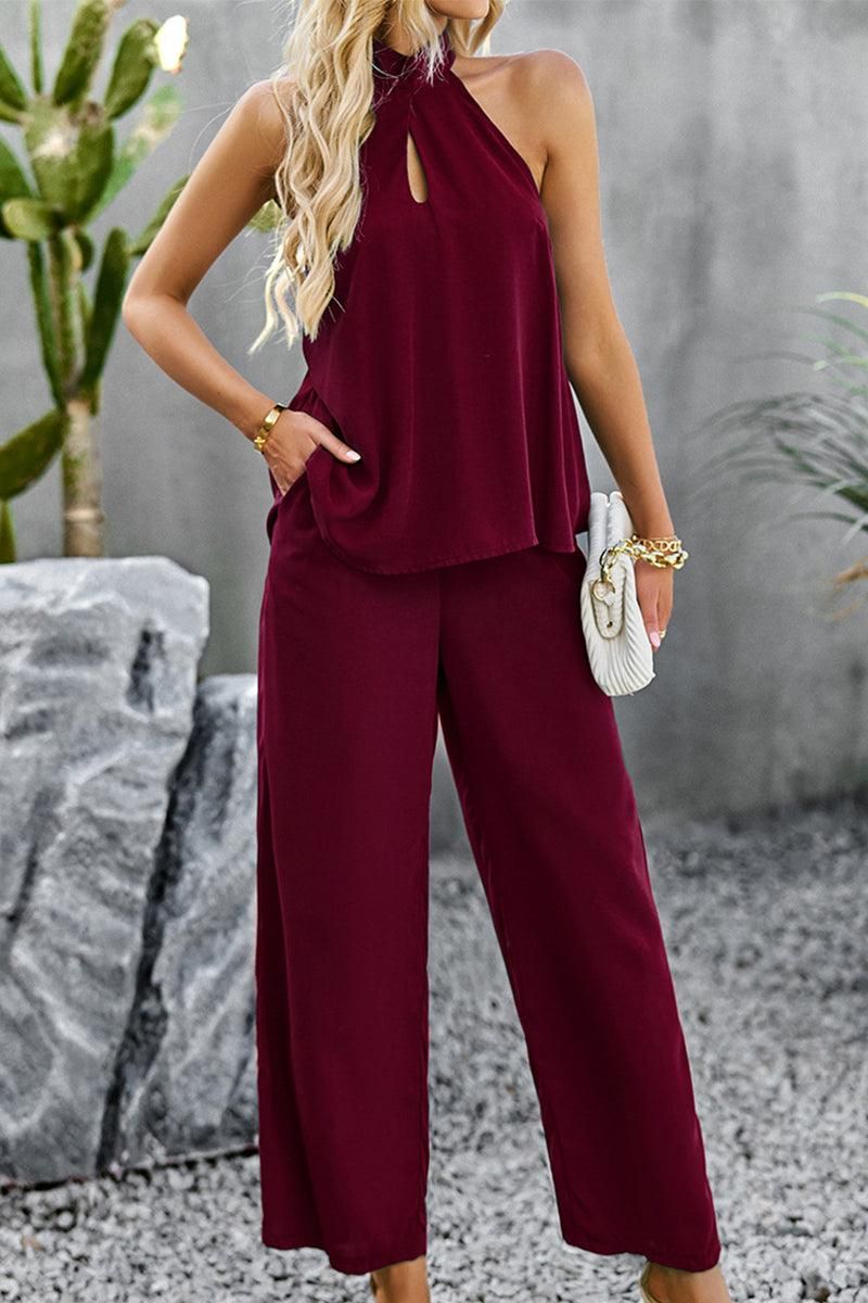 HALTER NECK TOP AND WIDE PANTS SET - Doublju