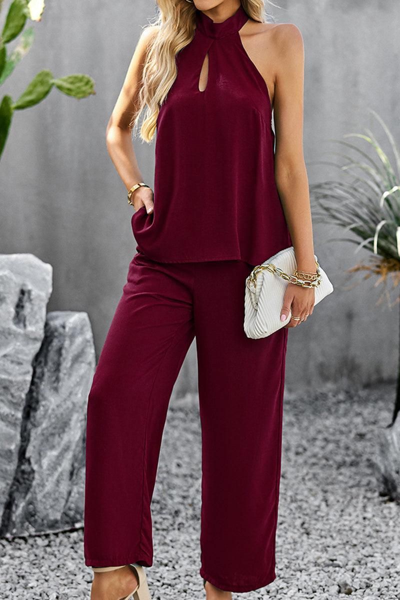 HALTER NECK TOP AND WIDE PANTS SET - Doublju