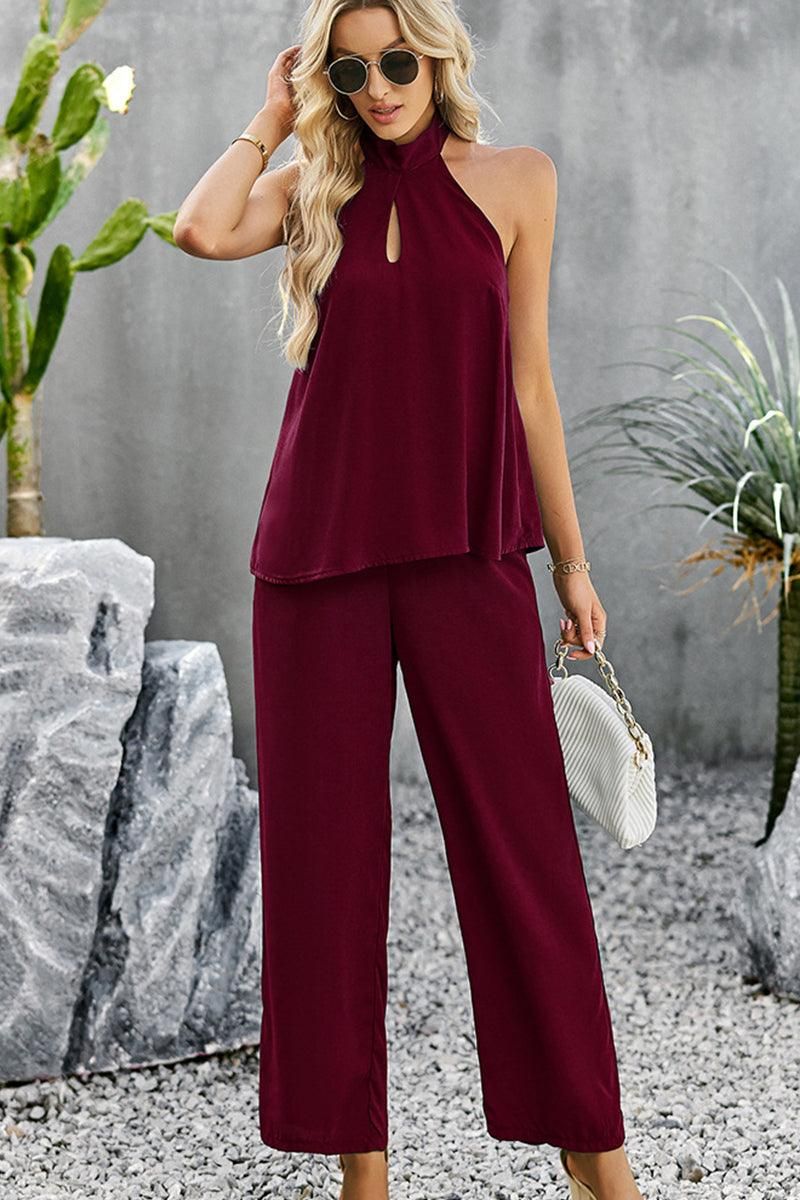 HALTER NECK TOP AND WIDE PANTS SET - Doublju