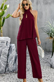 HALTER NECK TOP AND WIDE PANTS SET - Doublju