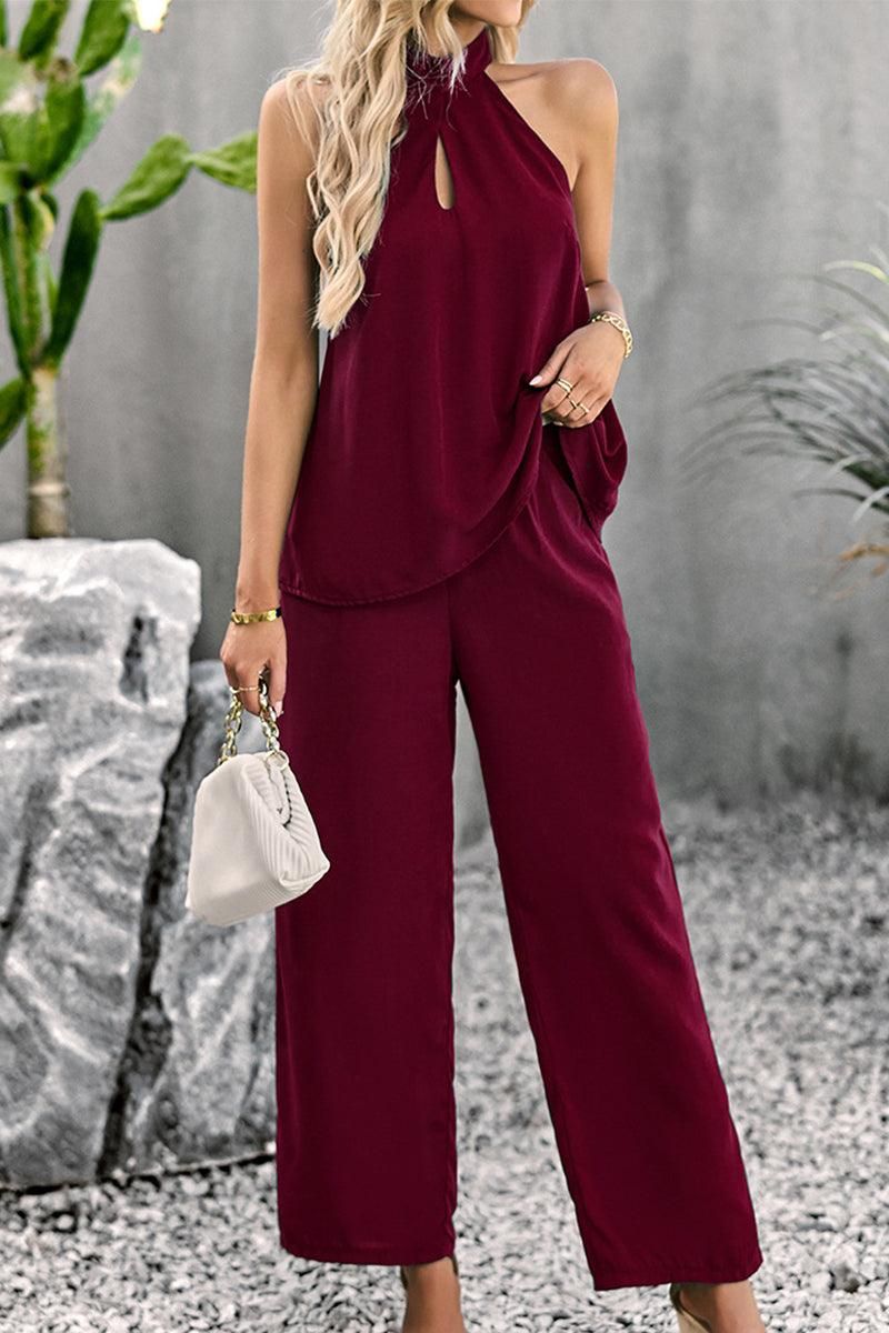 HALTER NECK TOP AND WIDE PANTS SET - Doublju