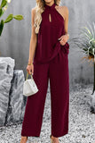 HALTER NECK TOP AND WIDE PANTS SET - Doublju