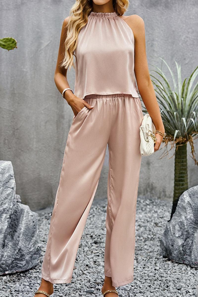 HIGH HALTER NECK SLEEVELESS TOP AND PANTS SET - Doublju