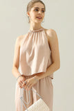 HIGH HALTER NECK SLEEVELESS TOP AND PANTS SET - Doublju
