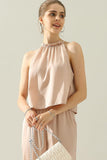 HIGH HALTER NECK SLEEVELESS TOP AND PANTS SET - Doublju