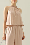 HIGH HALTER NECK SLEEVELESS TOP AND PANTS SET - Doublju
