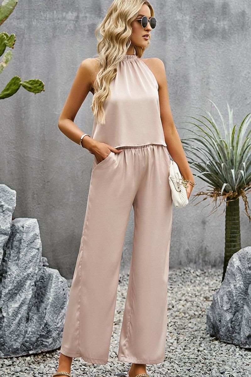 HIGH HALTER NECK SLEEVELESS TOP AND PANTS SET - Doublju